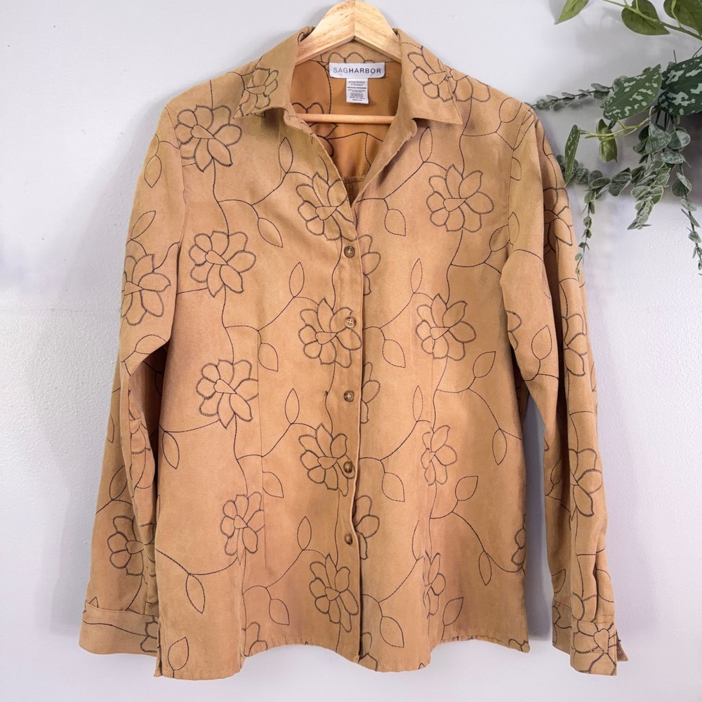 Sag Harbor Shirt Western Autumn Tan Faux Suede Floral Embroidered Button Wmns M